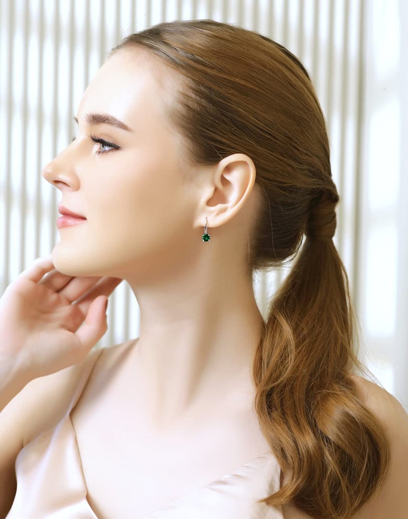B. BRILLIANT Green Earrings for Women 6mm Round Sterling Silver Leverback Drop Synthetic Gemstones Emerald Earrings for Bridesmaids Fashion - Image 4